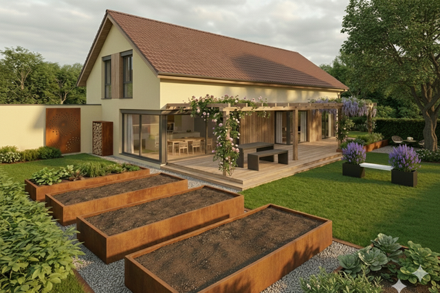 Eine fotorealistische 3D-Visualisierung eines modernen Einfamilienhauses mit Garten. Im Vordergrund stehen mehrere rechteckige Hochbeete aus Cortenstahl auf Kieswegen; im Hintergrund sieht man eine Holzterrasse mit Pergola, Sitzmöbeln und weiterer Gartendekoration aus Metall.