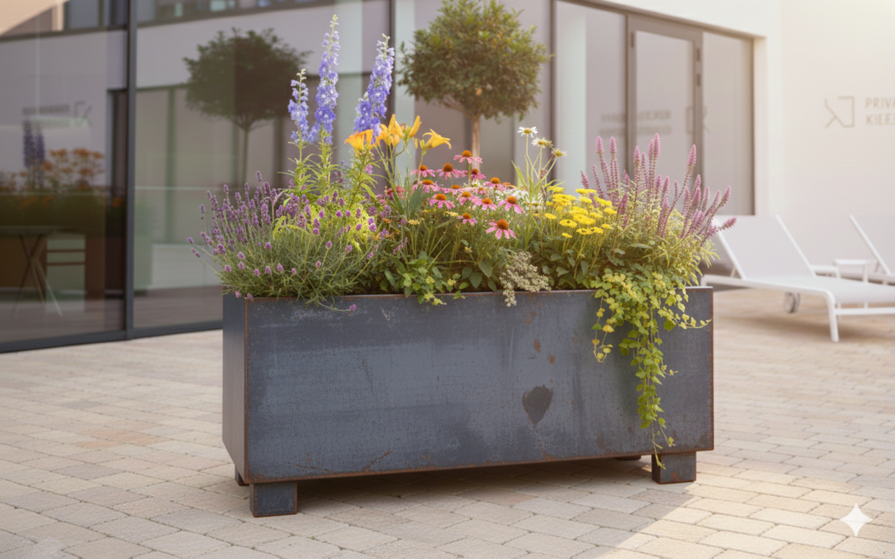 Ein langes, rechteckiges Pflanzgefäß aus dunkelgrauem Metall steht auf kleinen Standfüßen auf einer gepflasterten Terrasse. Es ist üppig mit verschiedenen Sommerblumen in Violett, Rosa und Gelb bepflanzt; im Hintergrund sind ein modernes Gebäude mit Glasfront sowie weiße Sonnenliegen erkennbar.