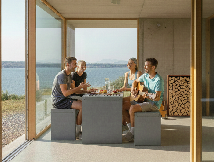 Vier junge Menschen sitzen lachend an einem grauen, minimalistischen Metalltisch mit passenden Hockern in einem lichtdurchfluteten Raum mit großen Glasfronten. Ein Mann spielt Gitarre, während der Blick nach draußen auf eine weite Wasserfläche und sanfte Hügel fällt; im Hintergrund ist ein Kaminholzregal aus Cortenstahl zu sehen.