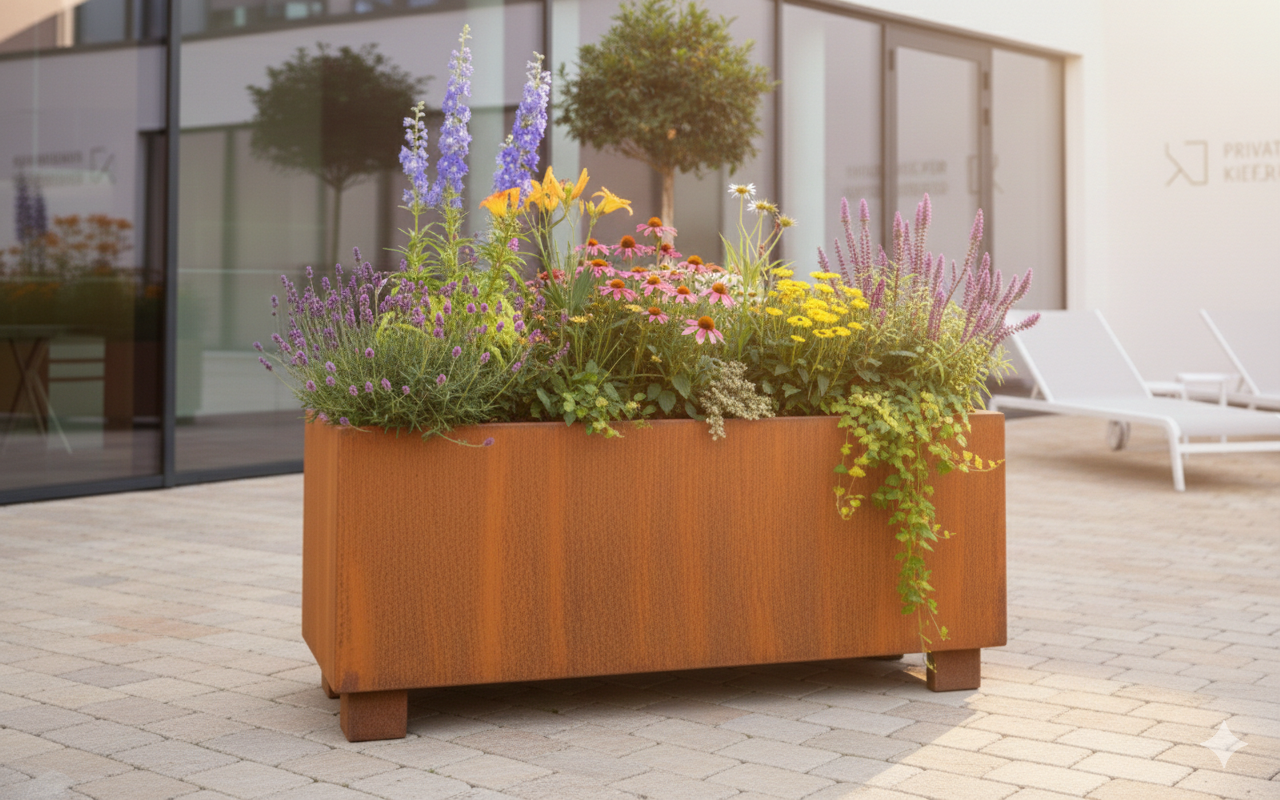 Ein rechteckiges, rostbraunes Pflanzgefäß aus Cortenstahl steht auf einer hellen Steinterrasse vor einem modernen Gebäude mit Glasfassade. Der Kübel ist dicht mit farbenfrohen Sommerblumen wie blauem Rittersporn, rosa Sonnenhut und gelben Blüten bepflanzt; im Hintergrund sind weiße Gartenliegen erkennbar.