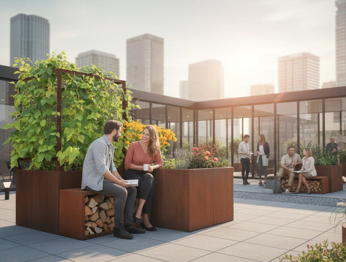 Eine sonnige Dachterrasse inmitten einer Skyline mit modernen Hochhäusern. Im Vordergrund sitzt ein Paar auf einer niedrigen Cortenstahl-Bank, die gleichzeitig als Kaminholzregal dient. Diese ist kombiniert mit einem großen, quadratischen Cortenstahl-Pflanzkübel inklusive Rankgitter, an dem üppiges grünes Blattwerk emporwächst. Weitere Personen unterhalten sich im Hintergrund zwischen verschiedenen Metall-Pflanzgefäßen.